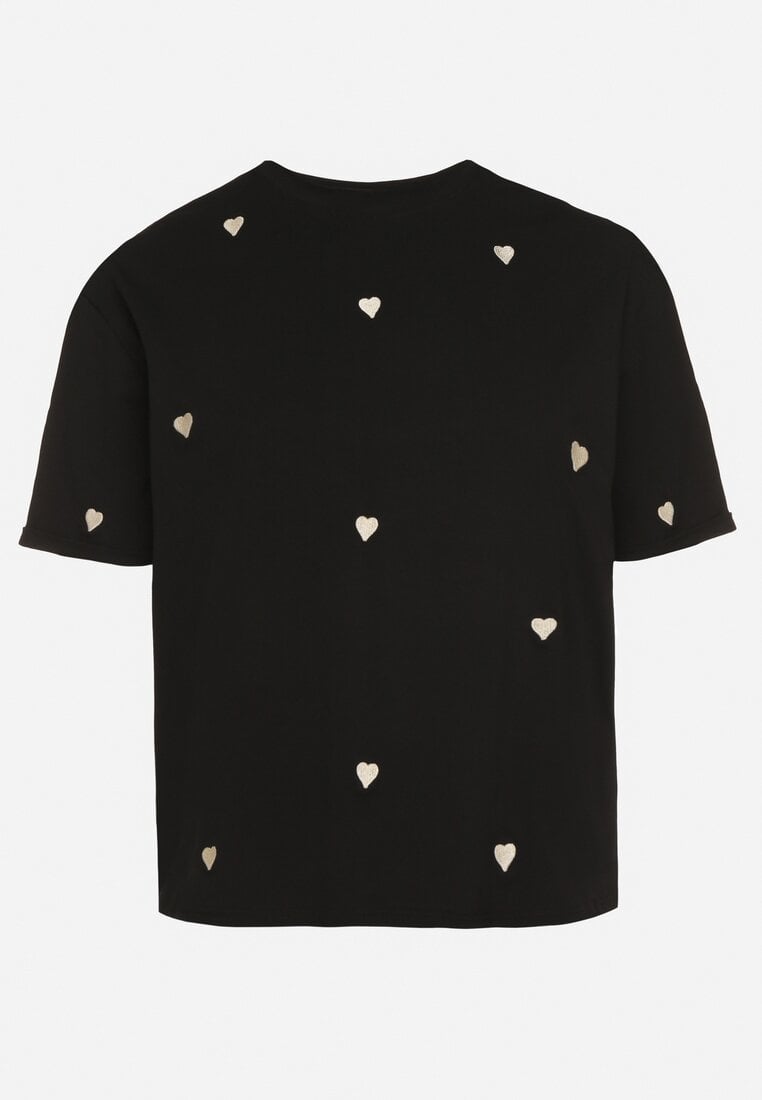 Czarny Bawełniany T-shirt Zdobiony Haftem w Kształcie Serc Naloree