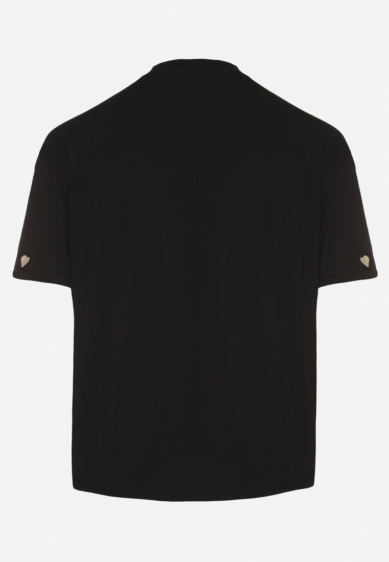 Czarny Bawełniany T-shirt Zdobiony Haftem w Kształcie Serc Naloree