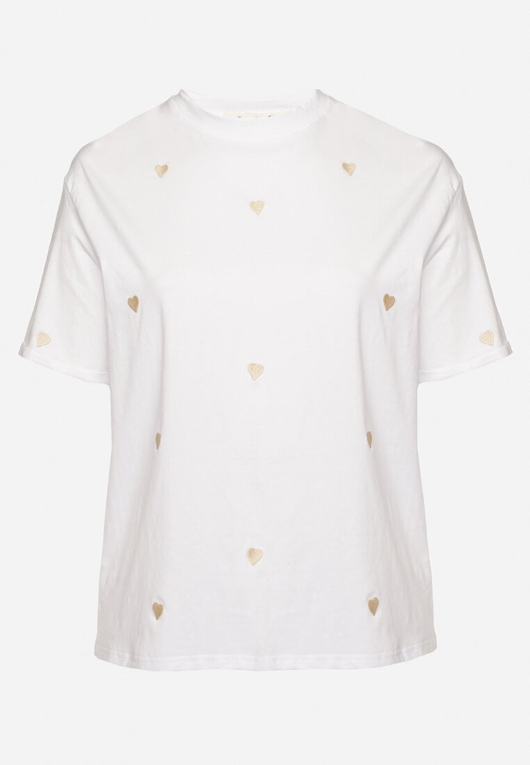 Biało-Beżowy Bawełniany T-shirt Zdobiony Haftem w Kształcie Serc Naloree