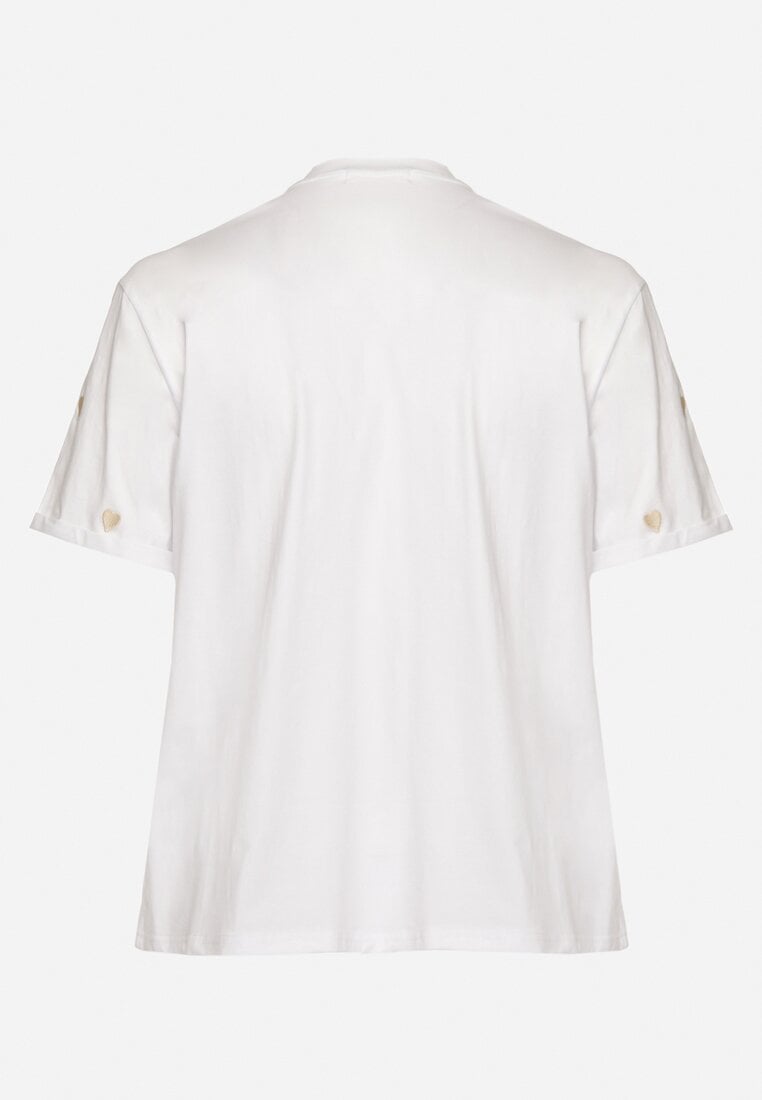 Biało-Beżowy Bawełniany T-shirt Zdobiony Haftem w Kształcie Serc Naloree