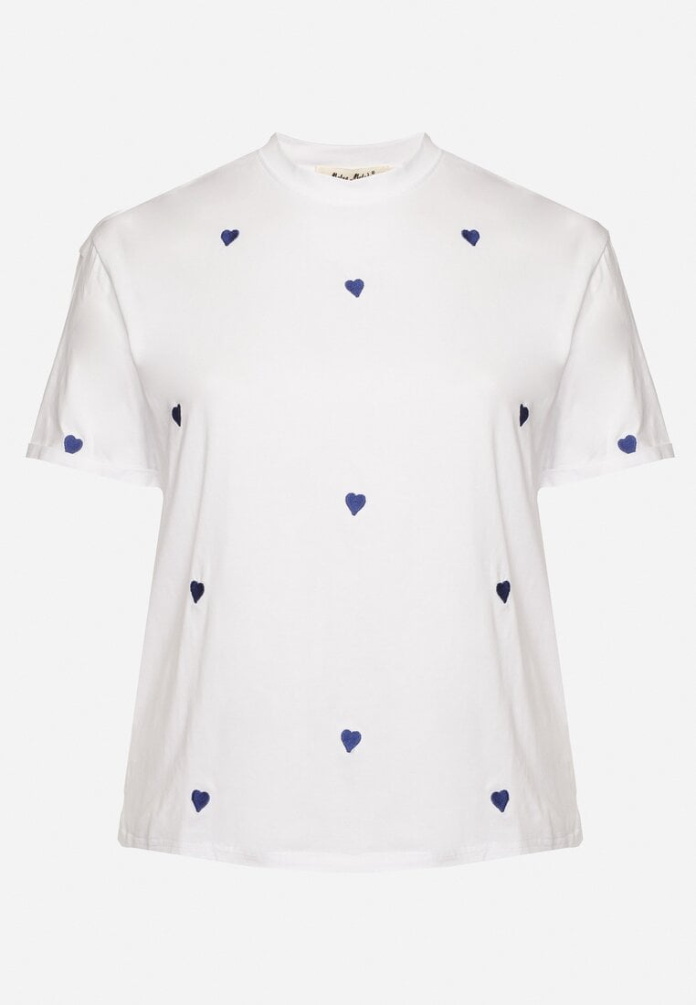 Biało-Niebieski Bawełniany T-shirt Zdobiony Haftem w Kształcie Serc Naloree