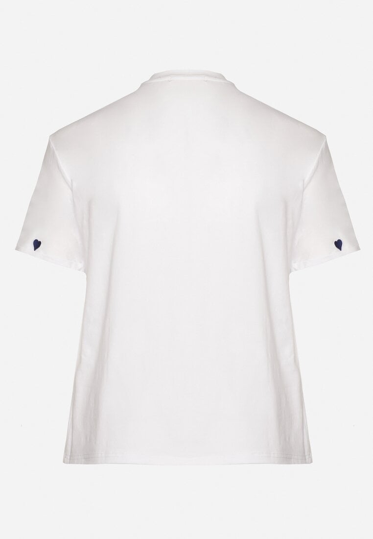 Biało-Niebieski Bawełniany T-shirt Zdobiony Haftem w Kształcie Serc Naloree
