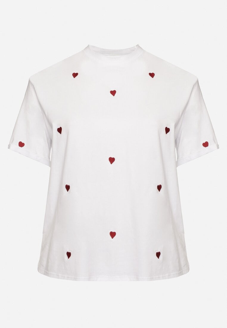 Biało-Czerwony Bawełniany T-shirt Zdobiony Haftem w Kształcie Serc Naloree