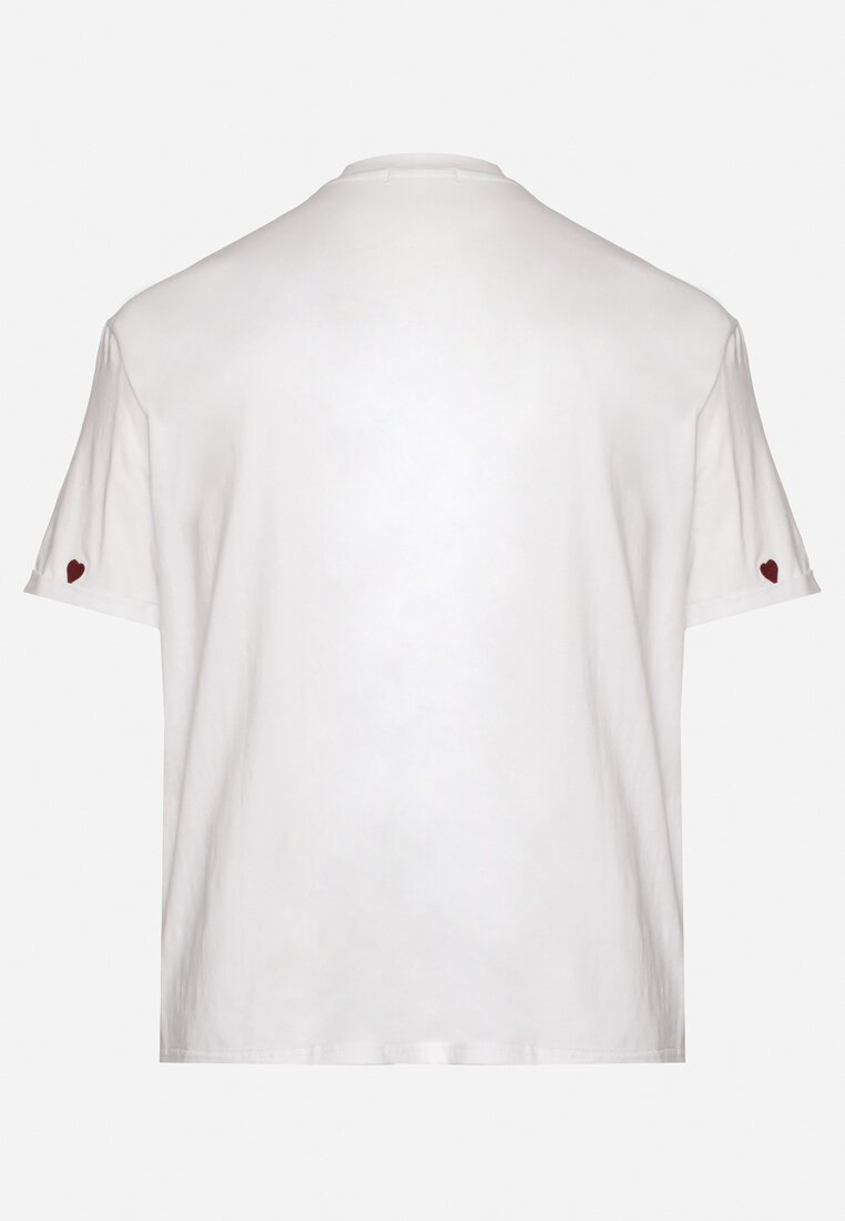 Biało-Czerwony Bawełniany T-shirt Zdobiony Haftem w Kształcie Serc Naloree
