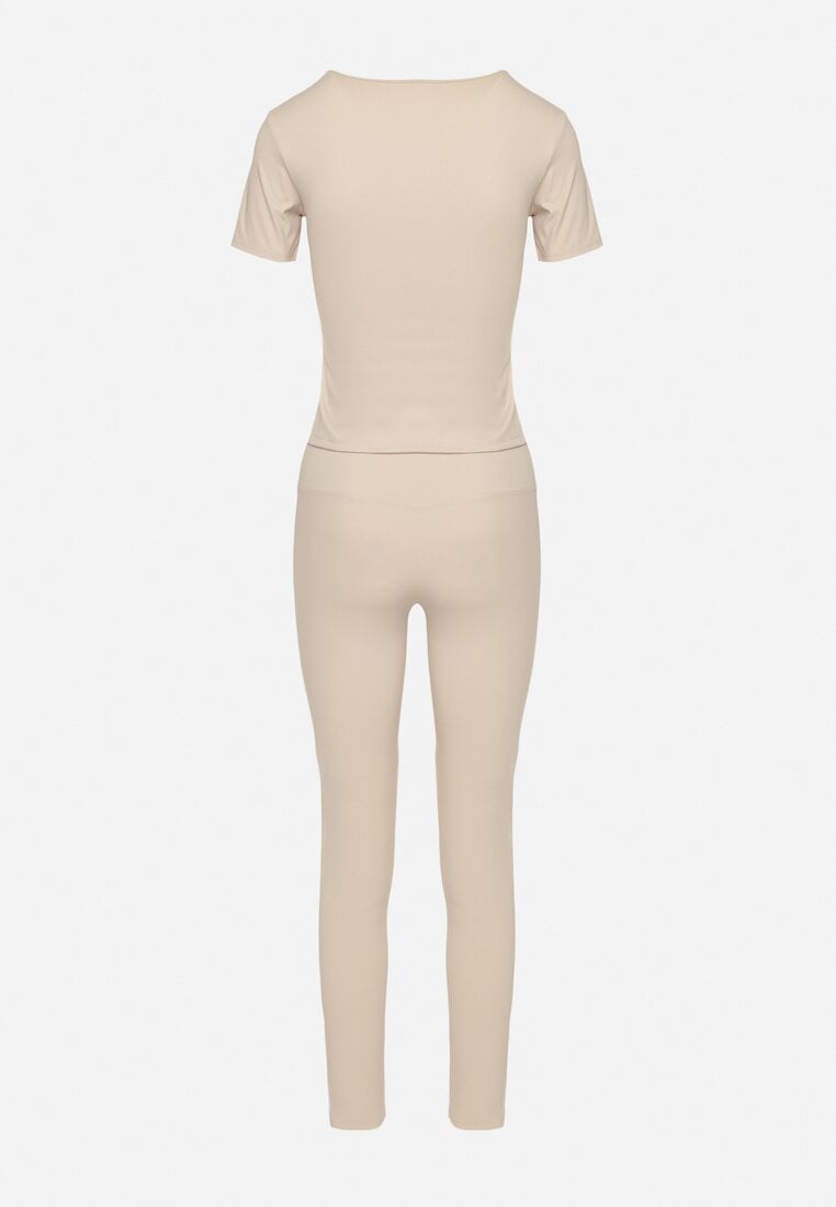 Beżowy Komplet Sportowy Legginsy i Dopasowany T-shirt Silendria
