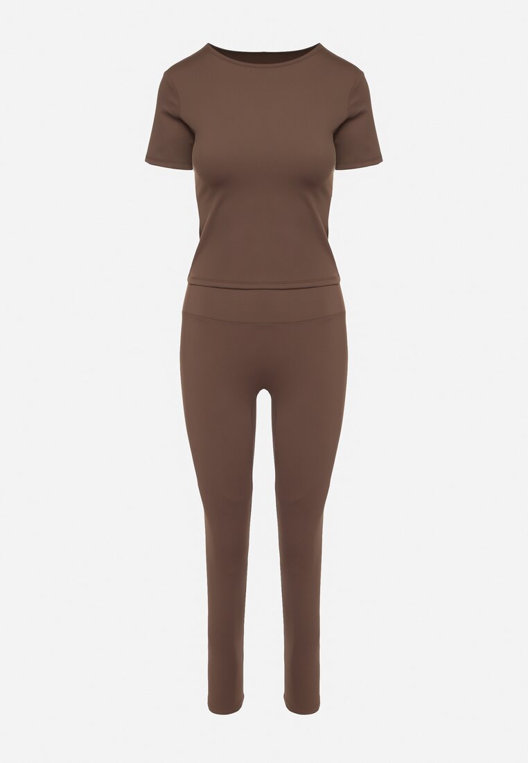 Brązowy Komplet Sportowy Legginsy i Dopasowany T-shirt Silendria