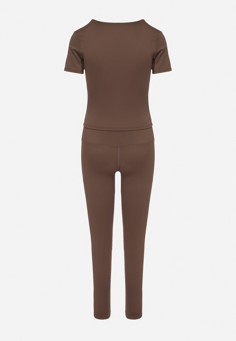 Brązowy Komplet Sportowy Legginsy i Dopasowany T-shirt Silendria