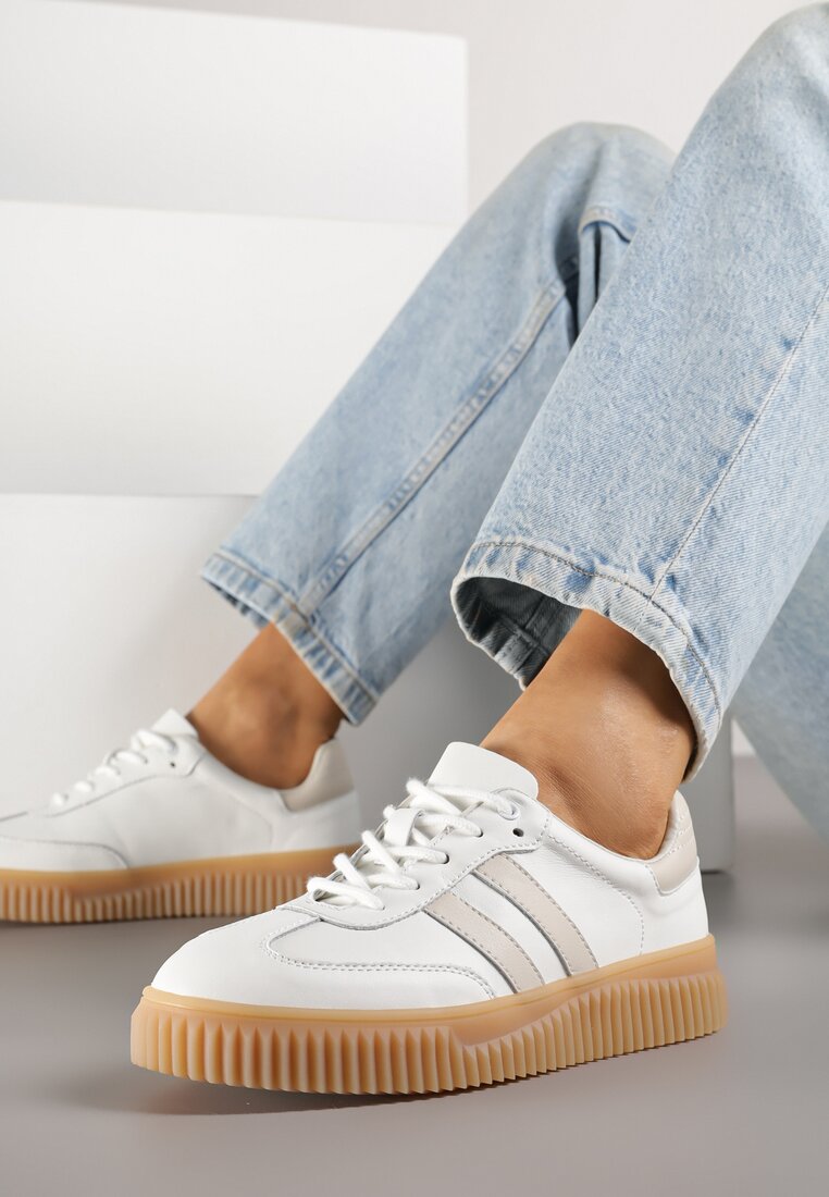 Białe Skórzane Sneakersy Klasyczne Tenisówki z Zamszu Naturalnego ze Wzorem w Panterkę Teniresela