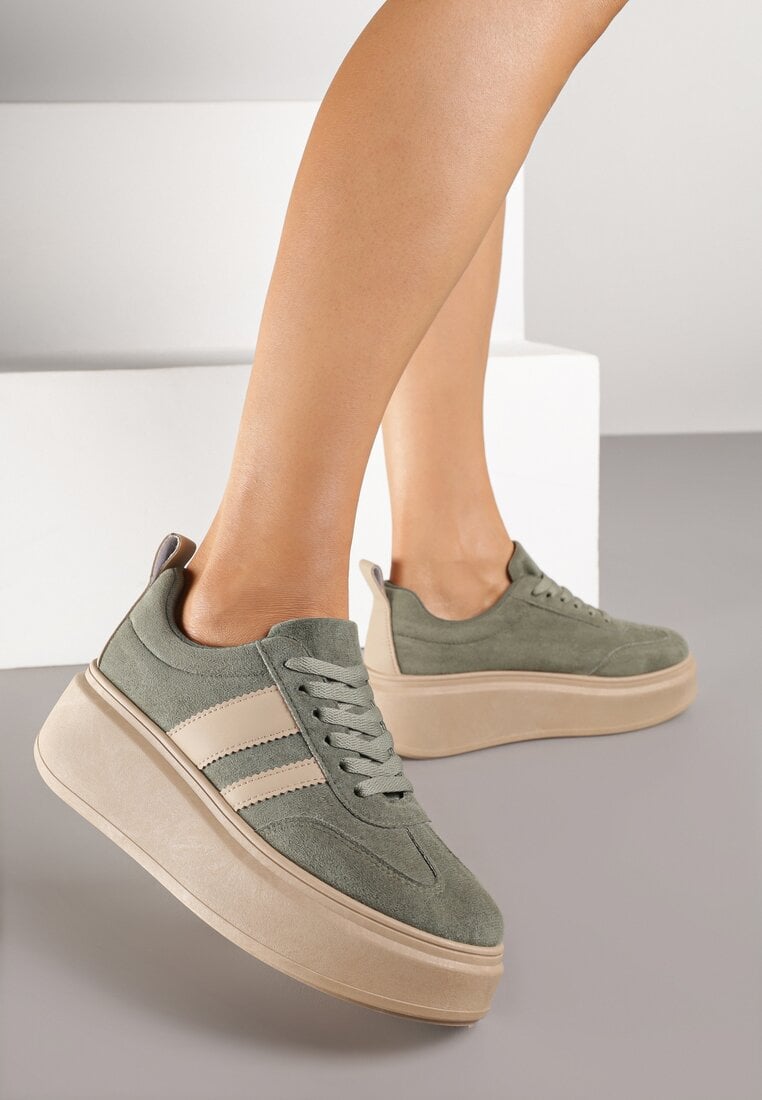 Zielone Sneakersy Kultowe Tenisówki na Platformie z Koturnem Elisara