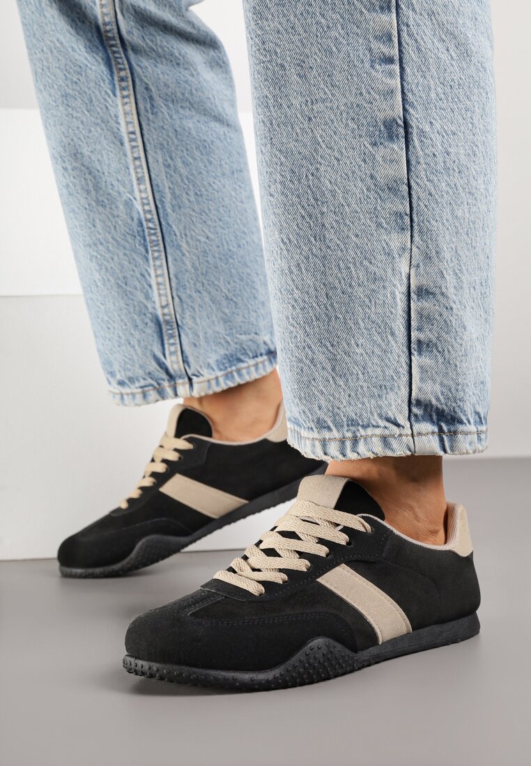 Czarno-Beżowe Sneakersy z Ozdobnym Paskiem Naliovela