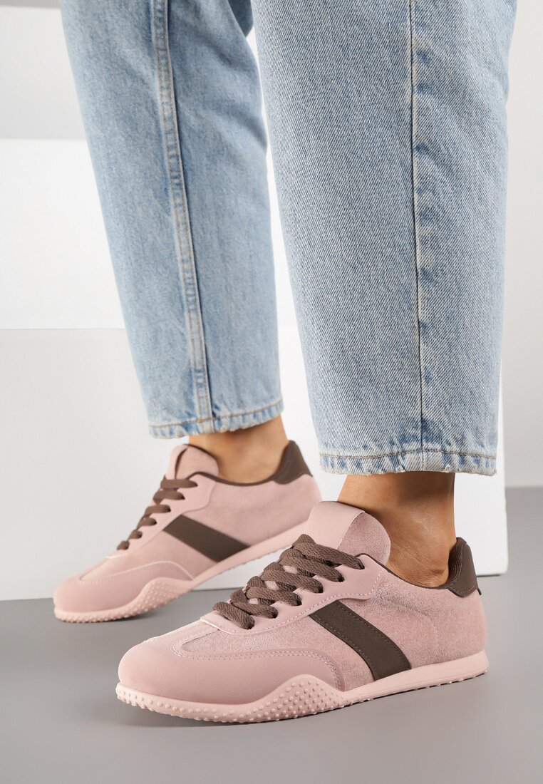 Różowo-Brązowe Sneakersy z Ozdobnym Paskiem Naliovela
