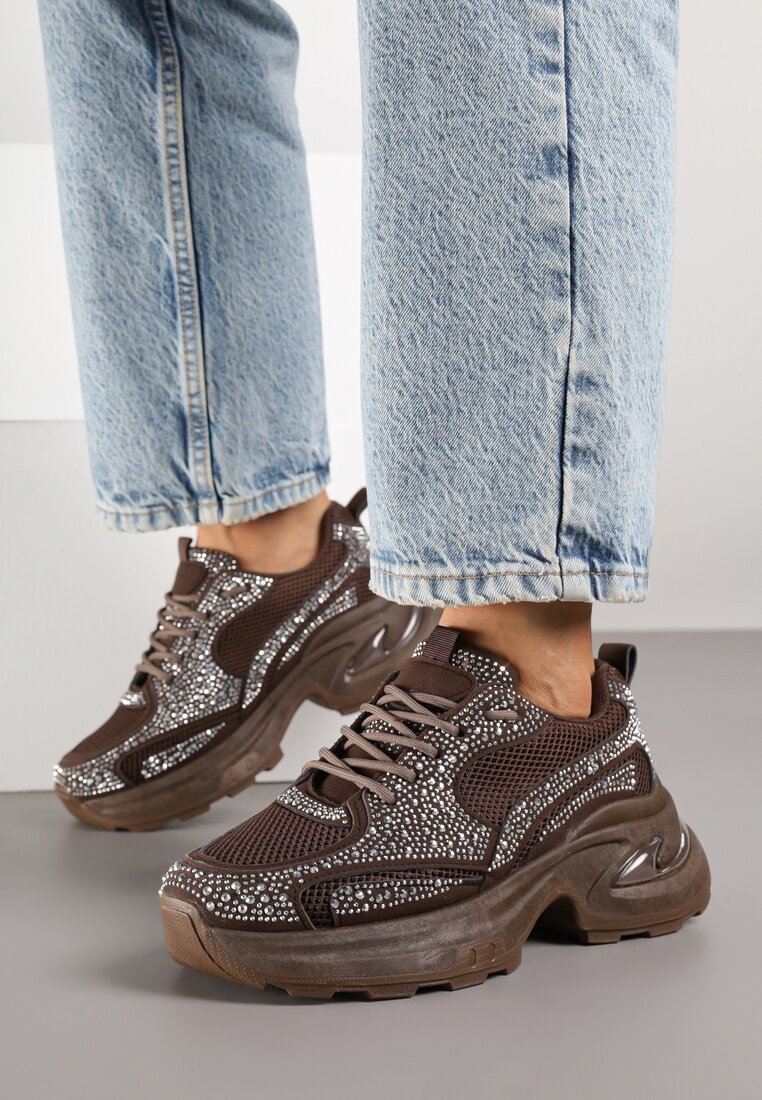 Brązowe Sneakersy na Grubej Podeszwie z Cyrkoniami Lenisse