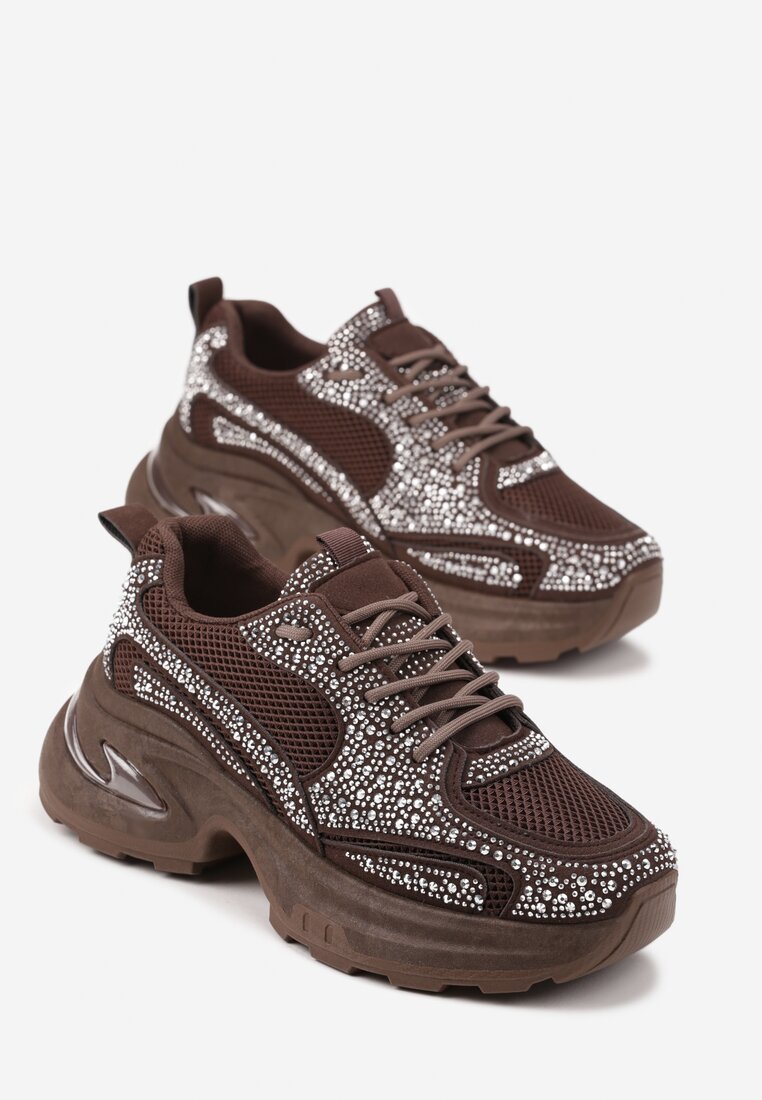 Brązowe Sneakersy na Grubej Podeszwie z Cyrkoniami Lenisse