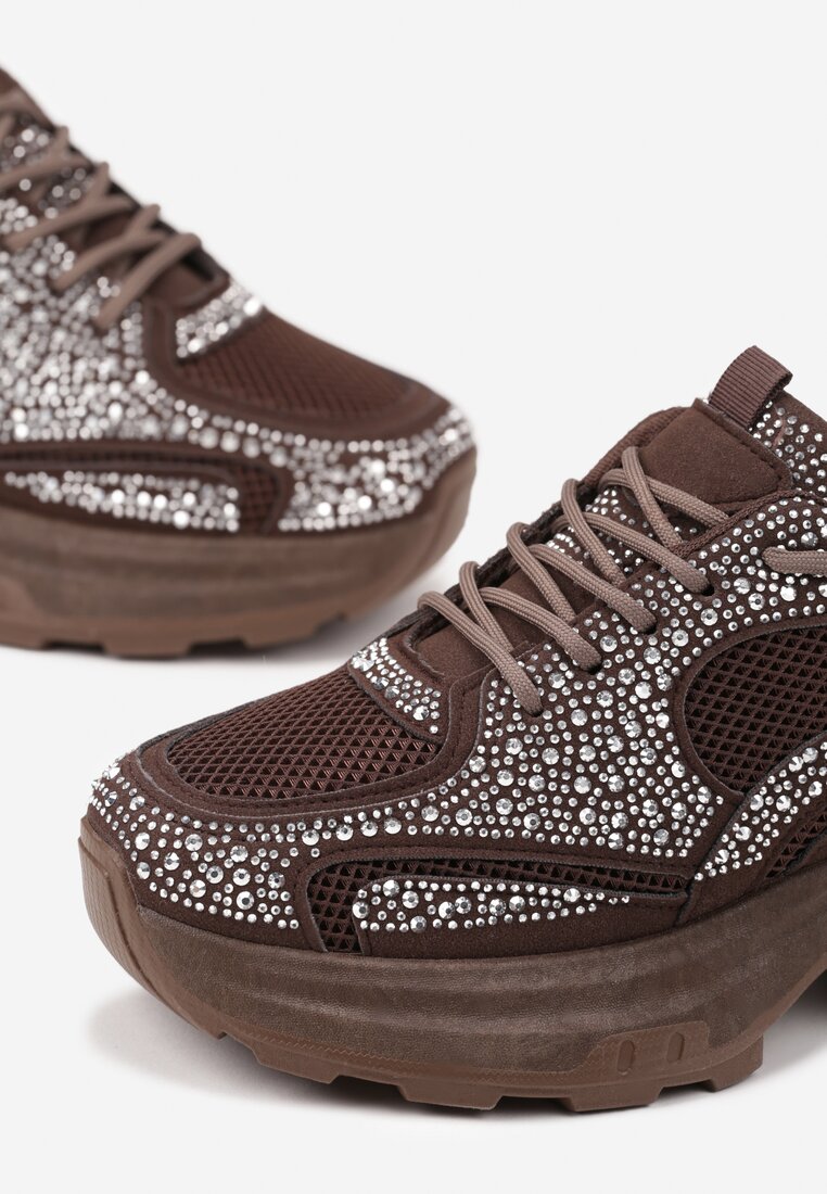Brązowe Sneakersy na Grubej Podeszwie z Cyrkoniami Lenisse