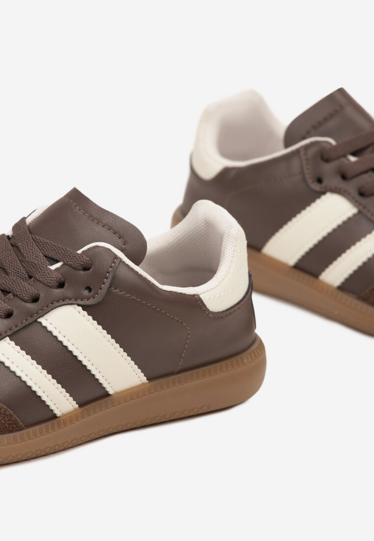 Brązowe Płaskie Sneakersy Ozdobione Paskami Glaria