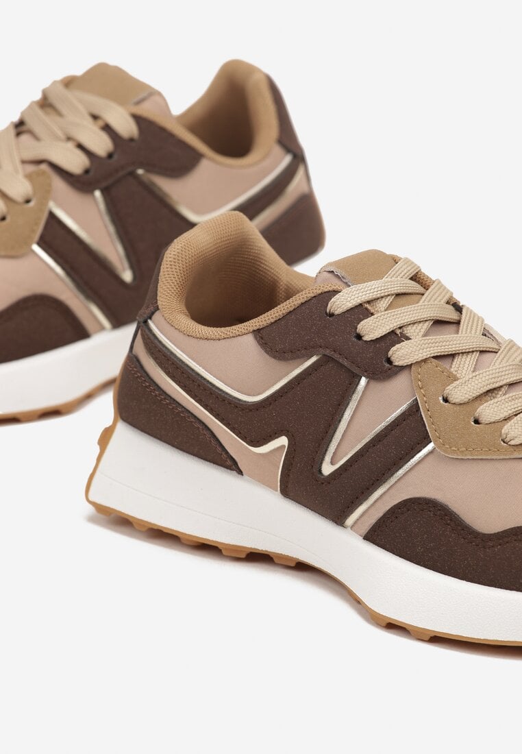 Brązowe Sneakersy na Płaskiej Podeszwie z Geometryczną Wstawką Helidi