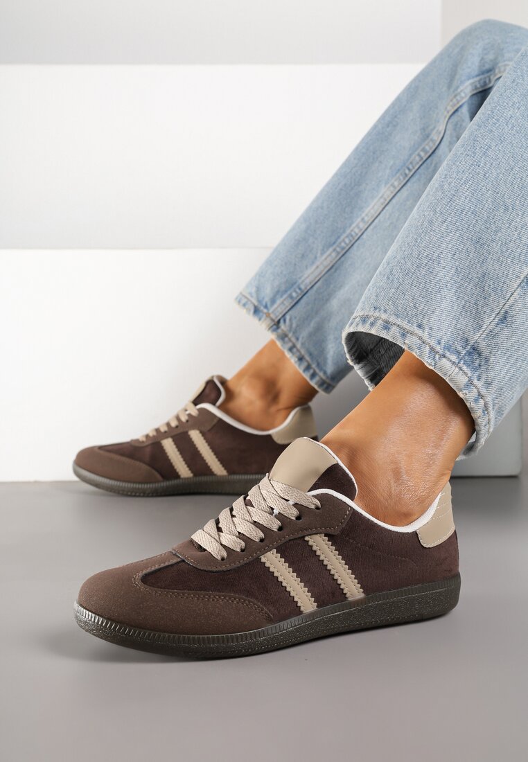 Brązowe Sneakersy z Imitacji Zamszu na Płaskiej Podeszwie Memeriana