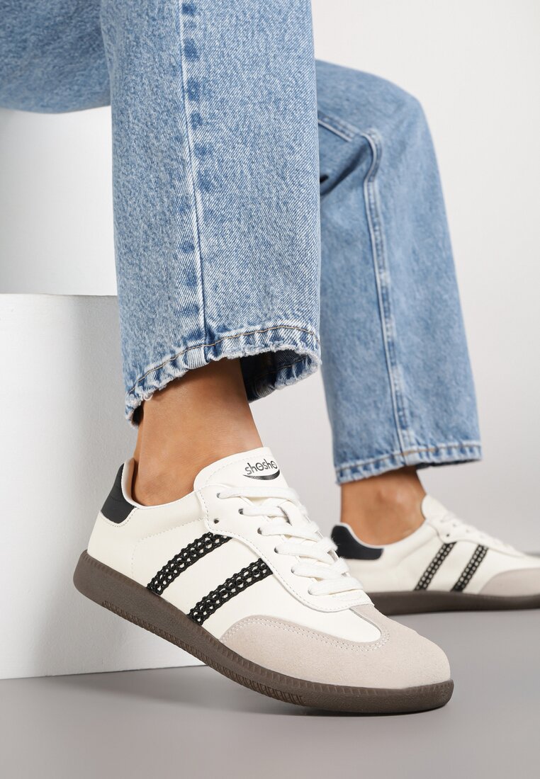 Beżowo-Czarne Sneakersy Tenisówki Ozdobione Ażurowymi Paskami Haluriella