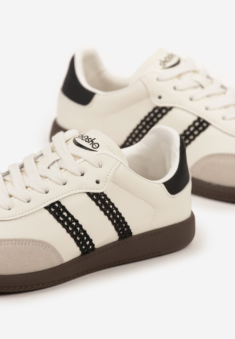 Beżowo-Czarne Sneakersy Tenisówki Ozdobione Ażurowymi Paskami Haluriella