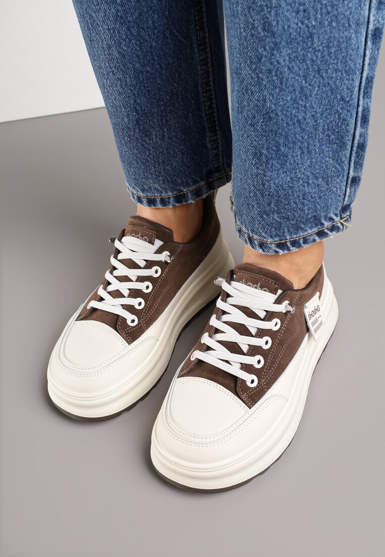 Brązowe Sneakersy na Grubej Podeszwie z Tłoczeniem i Napisami Nalimere
