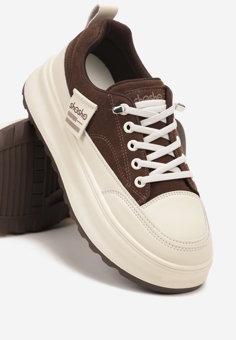 Brązowe Sneakersy na Grubej Podeszwie z Tłoczeniem i Napisami Nalimere