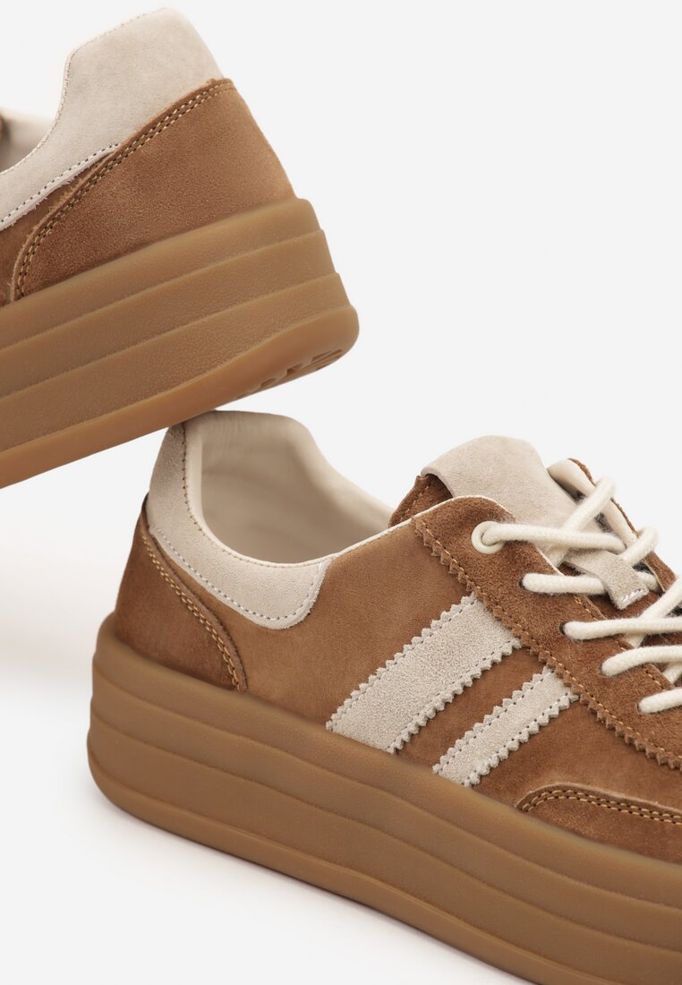 Brązowe Zamszowe Sneakersy na Grubej Podeszwie z Paskami i Skórzaną Wkładką Felenne