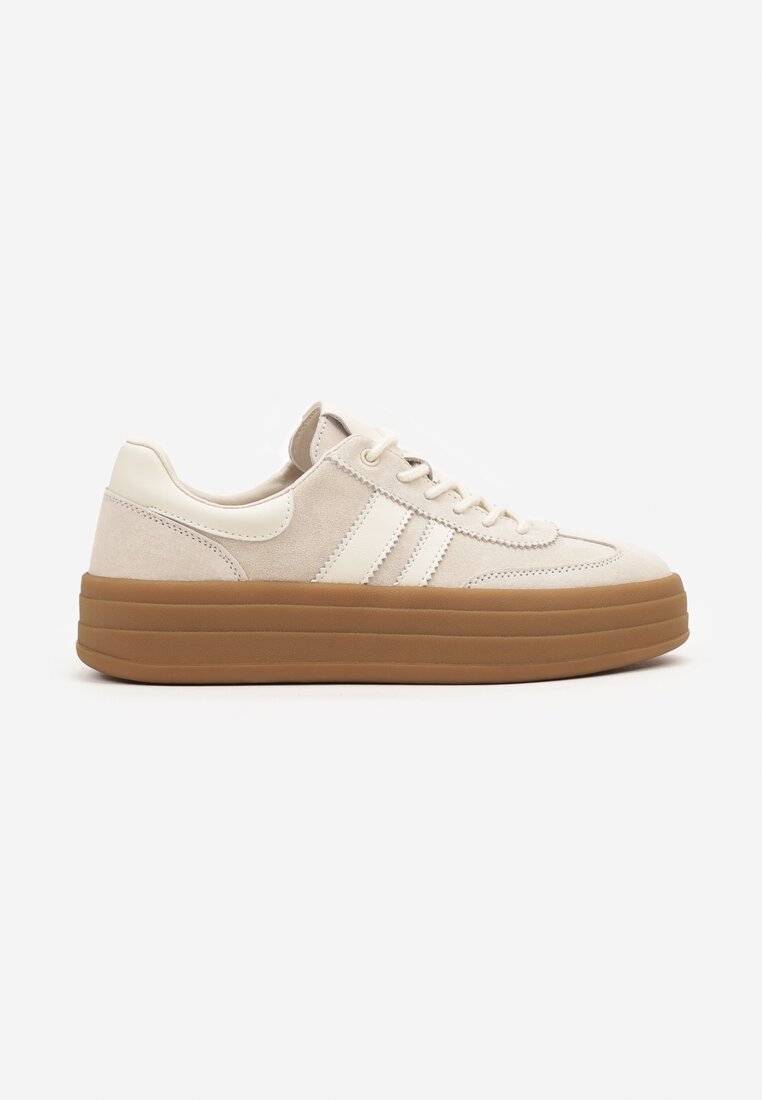 Jasnobeżowe Zamszowe Sneakersy na Grubej Podeszwie z Paskami i Skórzaną Wkładką Felenne