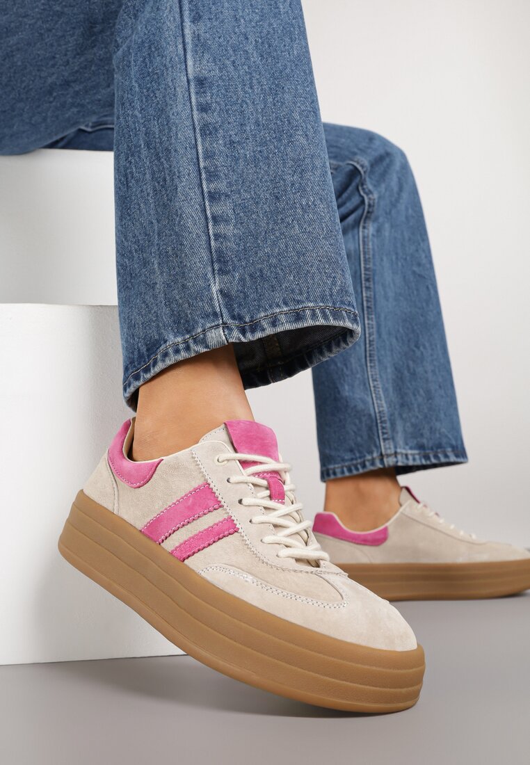Beżowo-Fuksjowe Zamszowe Sneakersy na Grubej Podeszwie z Paskami i Skórzaną Wkładką Felenne