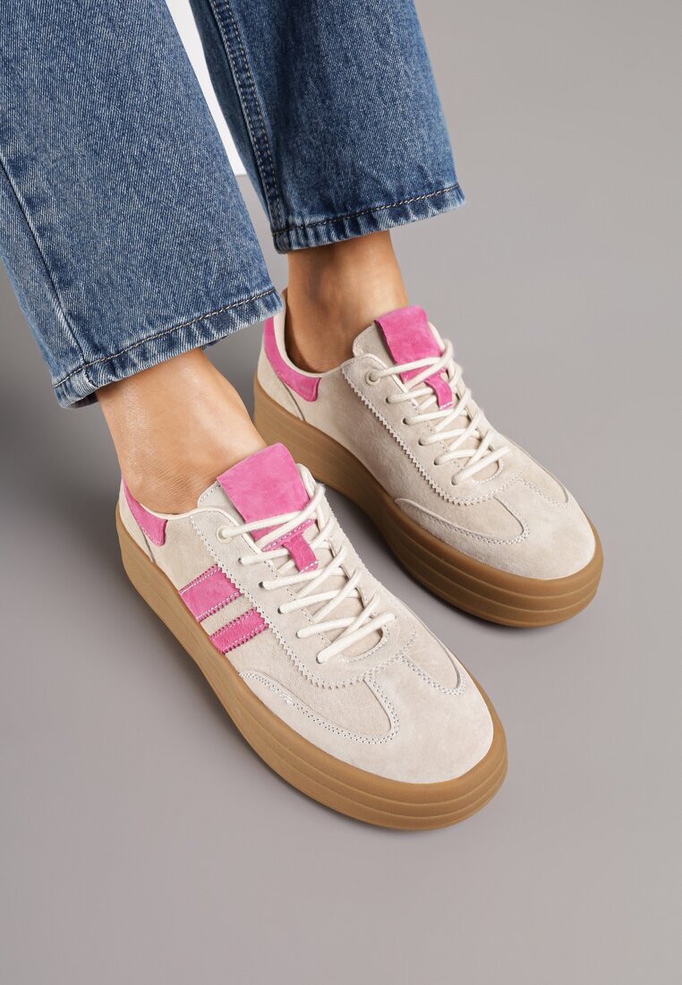 Beżowo-Fuksjowe Zamszowe Sneakersy na Grubej Podeszwie z Paskami i Skórzaną Wkładką Felenne