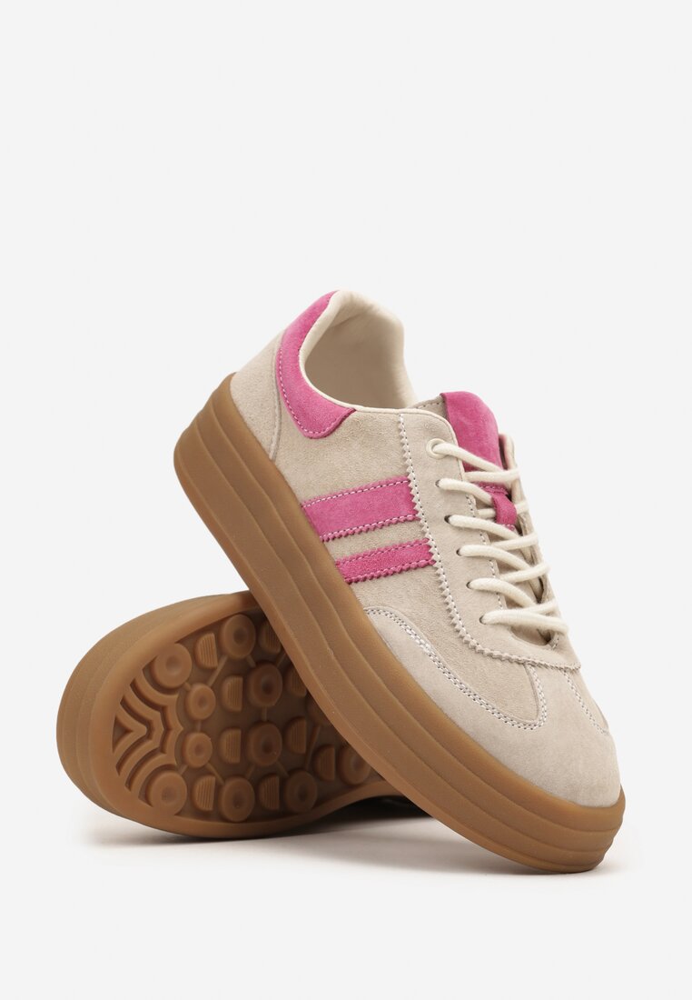 Beżowo-Fuksjowe Zamszowe Sneakersy na Grubej Podeszwie z Paskami i Skórzaną Wkładką Felenne
