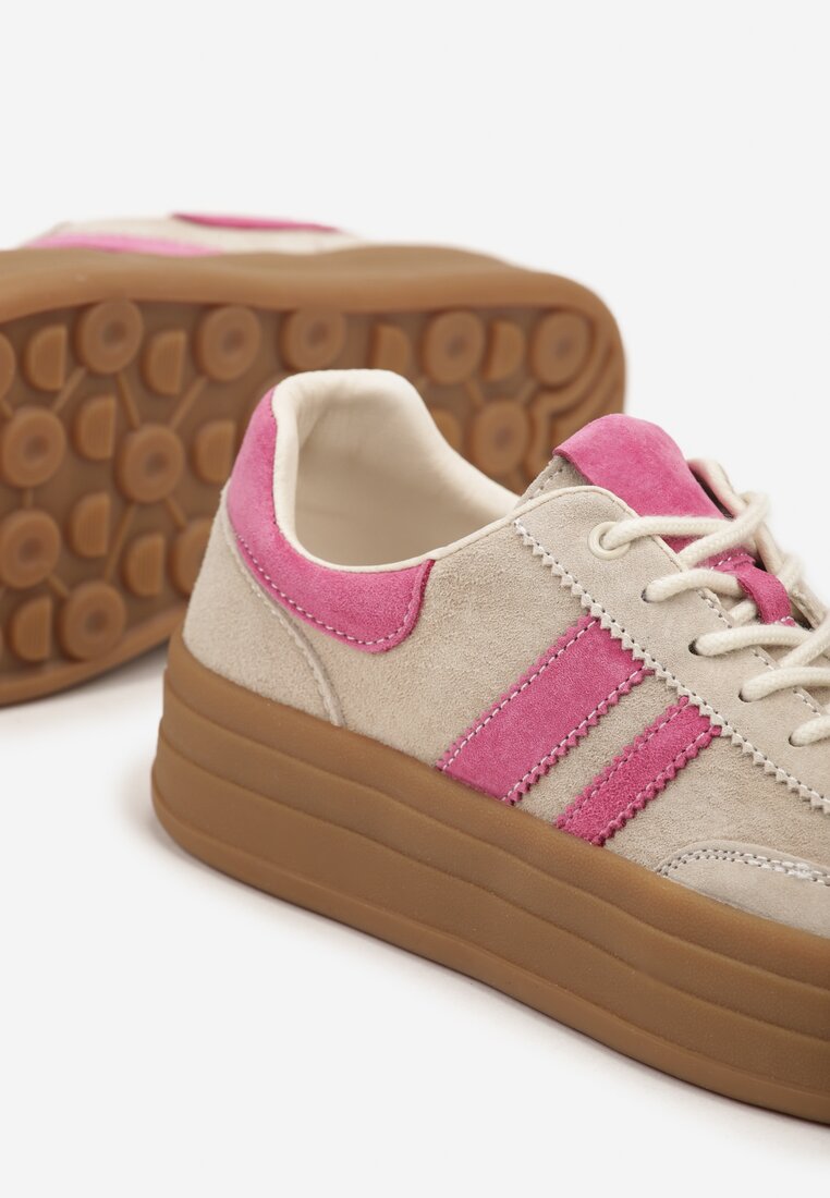Beżowo-Fuksjowe Zamszowe Sneakersy na Grubej Podeszwie z Paskami i Skórzaną Wkładką Felenne