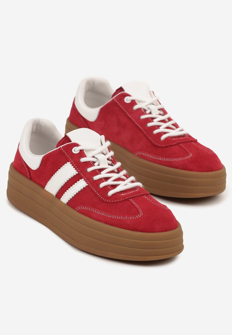 Czerwone Zamszowe Sneakersy na Grubej Podeszwie z Paskami i Skórzaną Wkładką Felenne