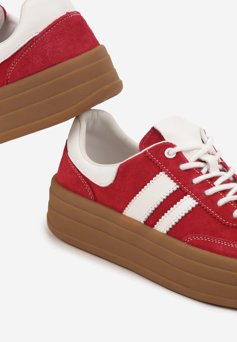 Czerwone Zamszowe Sneakersy na Grubej Podeszwie z Paskami i Skórzaną Wkładką Felenne