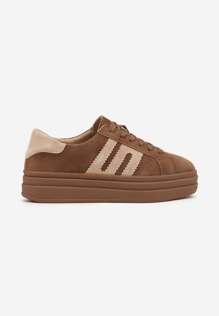 Brązowe Zamszowe Sneakersy na Grubej Podeszwie ze Skórzaną Wkładką i Naszywką Rilaressa