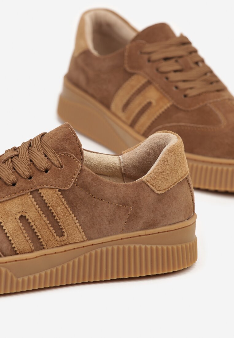 Brązowe Sneakersy Tenisówki ze Skóry Naturalnej z Geometrycznym Motywem Haleria