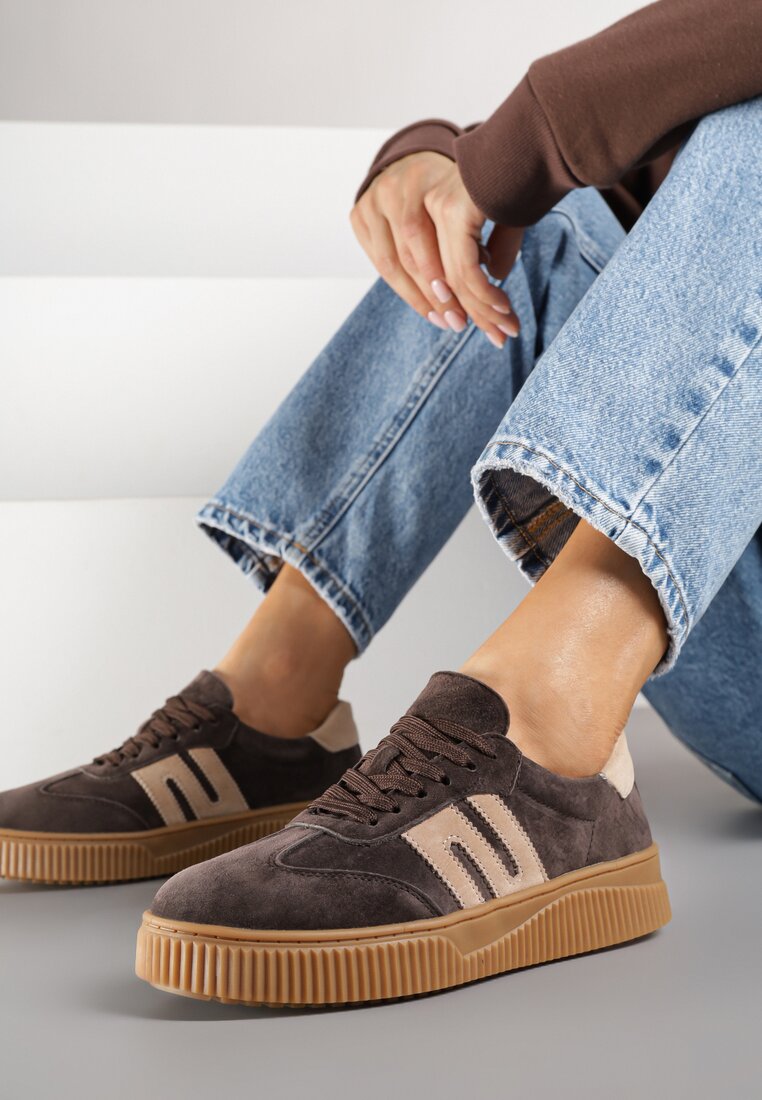 Ciemnobrązowe Sneakersy Tenisówki ze Skóry Naturalnej z Geometrycznym Motywem Haleria