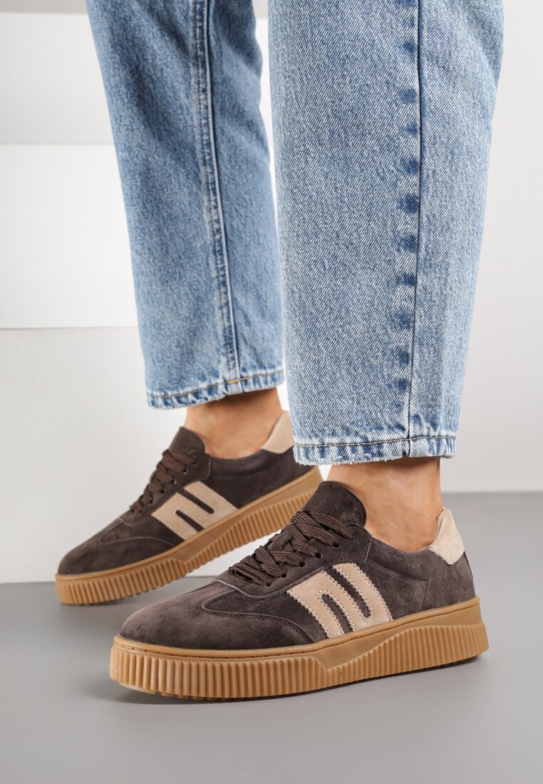 Ciemnobrązowe Sneakersy Tenisówki ze Skóry Naturalnej z Geometrycznym Motywem Haleria