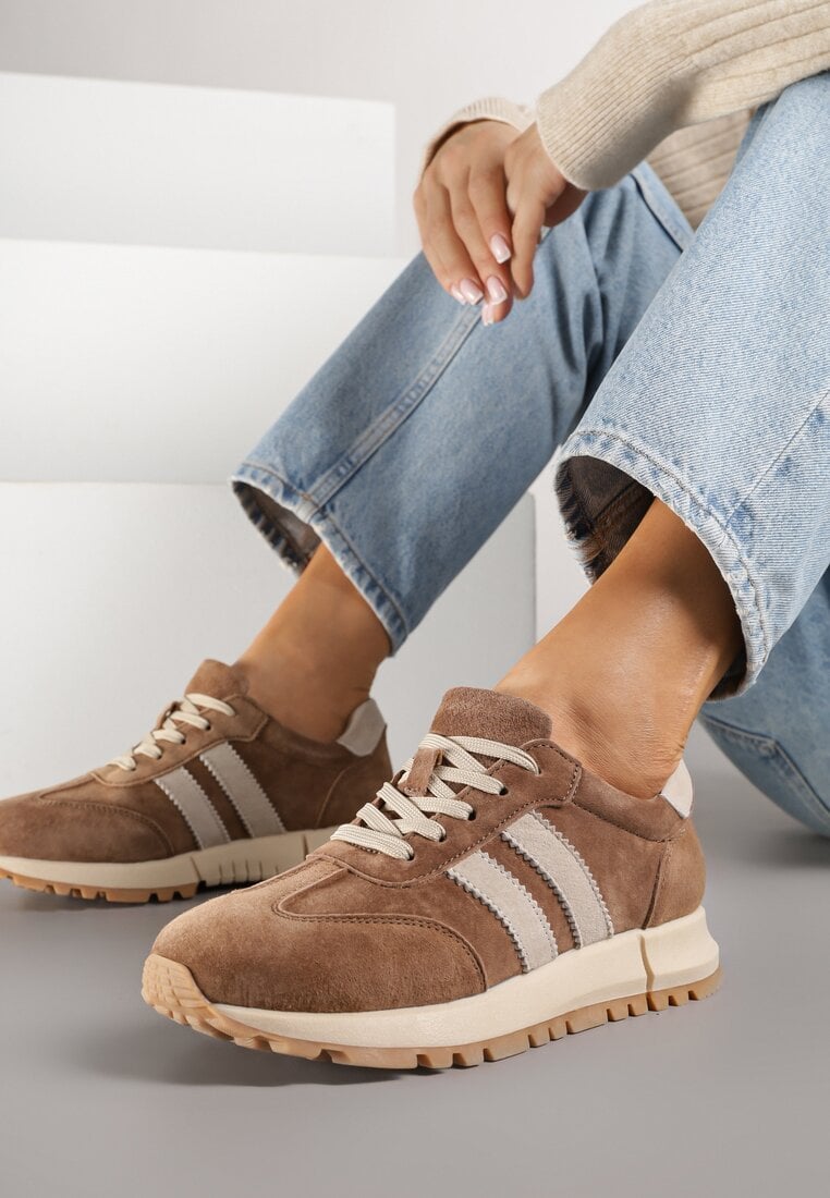 Brązowe Skórzane Sneakersy z Ozdobnymi Paskami Felindda