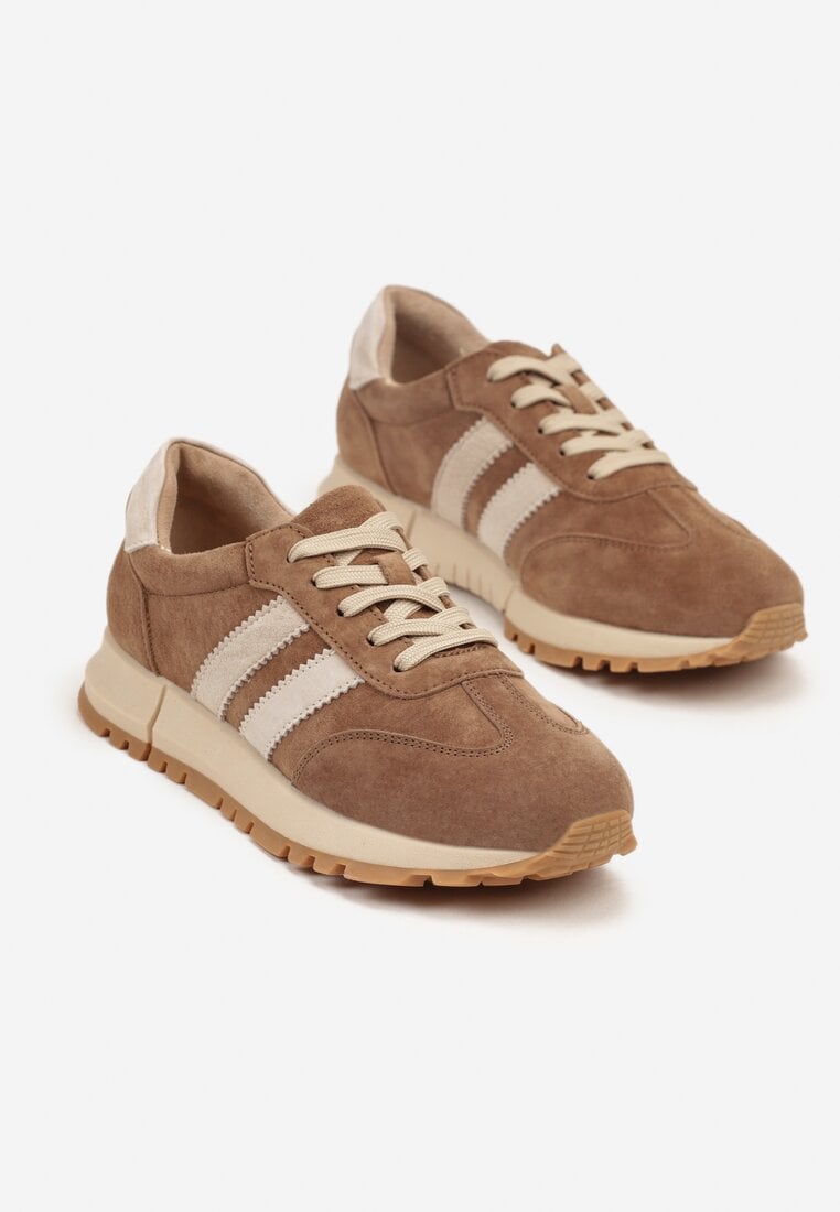 Brązowe Skórzane Sneakersy z Ozdobnymi Paskami Felindda