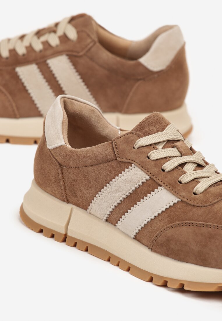 Brązowe Skórzane Sneakersy z Ozdobnymi Paskami Felindda