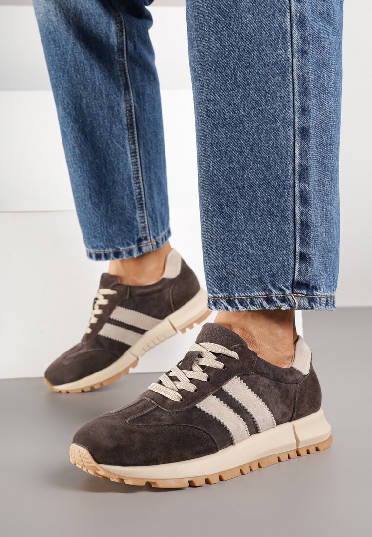 Ciemnobrązowe Skórzane Sneakersy z Ozdobnymi Paskami Felindda