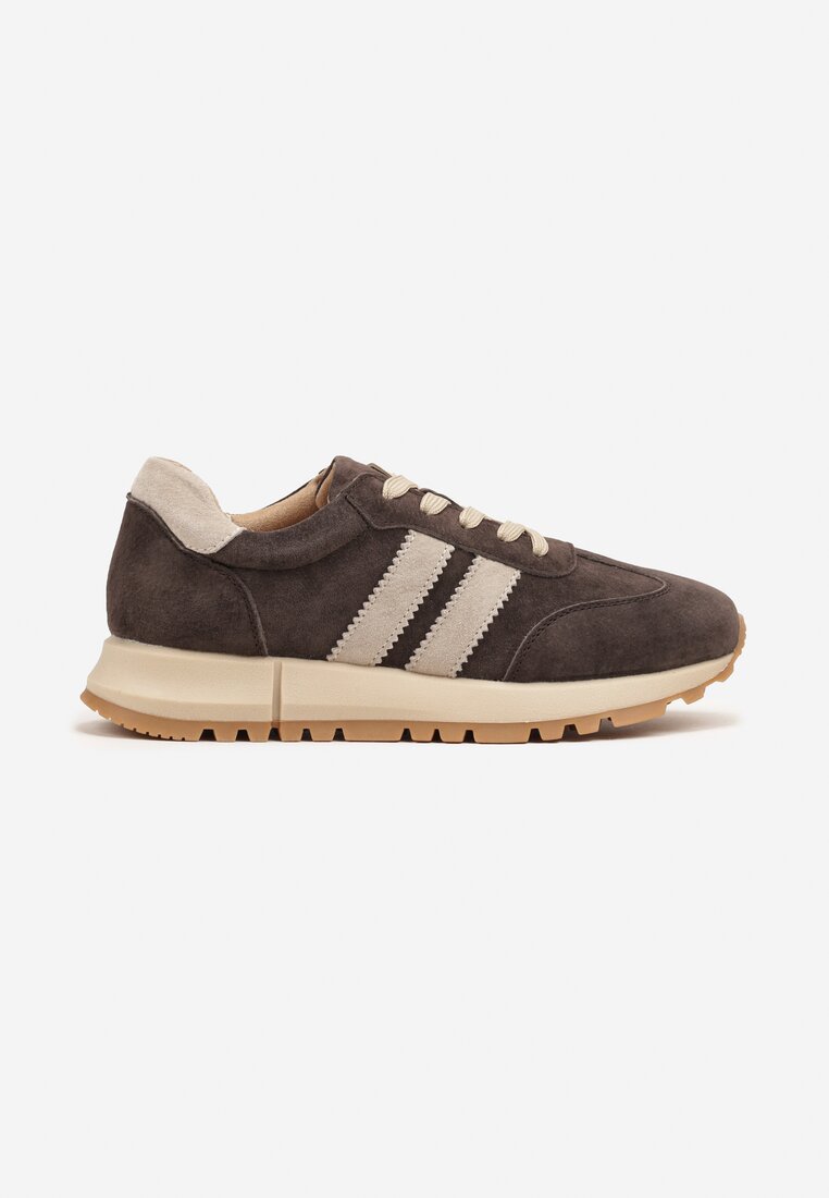 Ciemnobrązowe Skórzane Sneakersy z Ozdobnymi Paskami Felindda