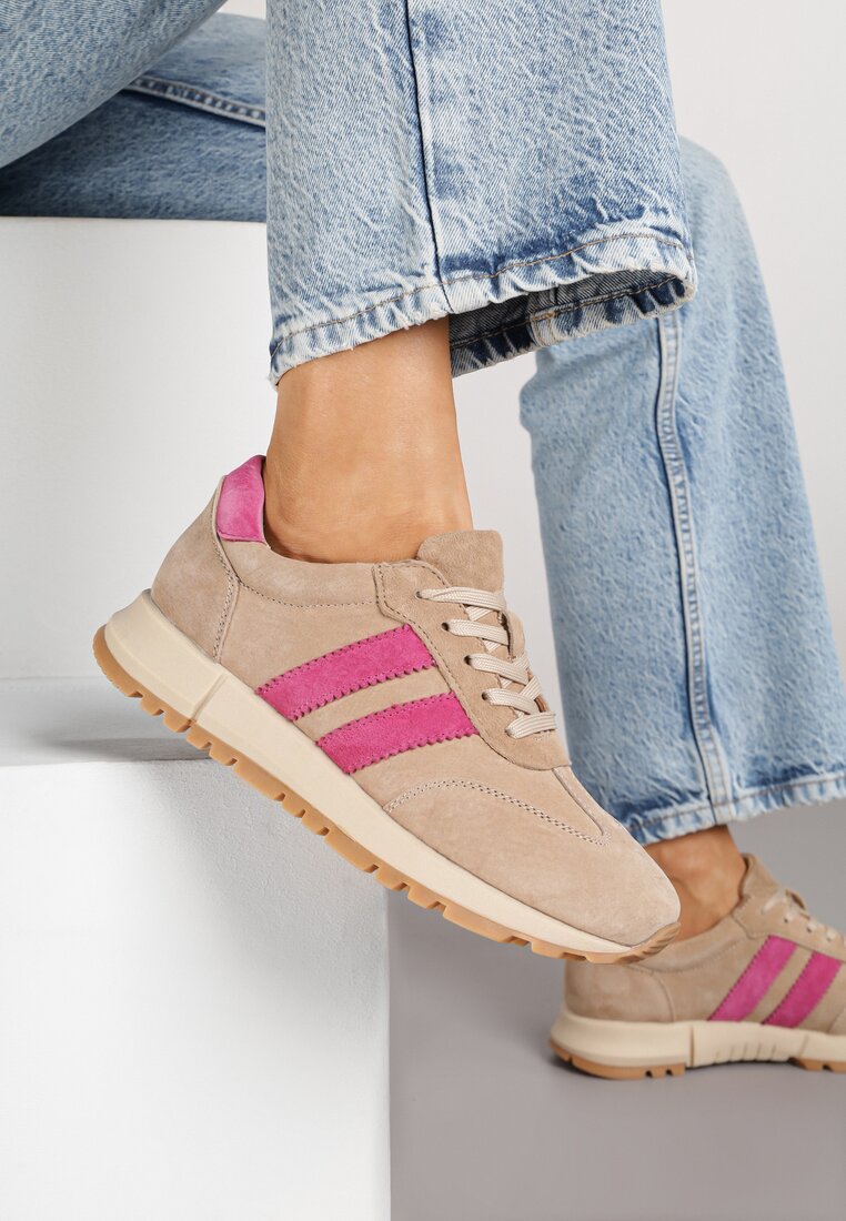 Beżowo-Fuksjowe Skórzane Sneakersy z Ozdobnymi Paskami Felindda