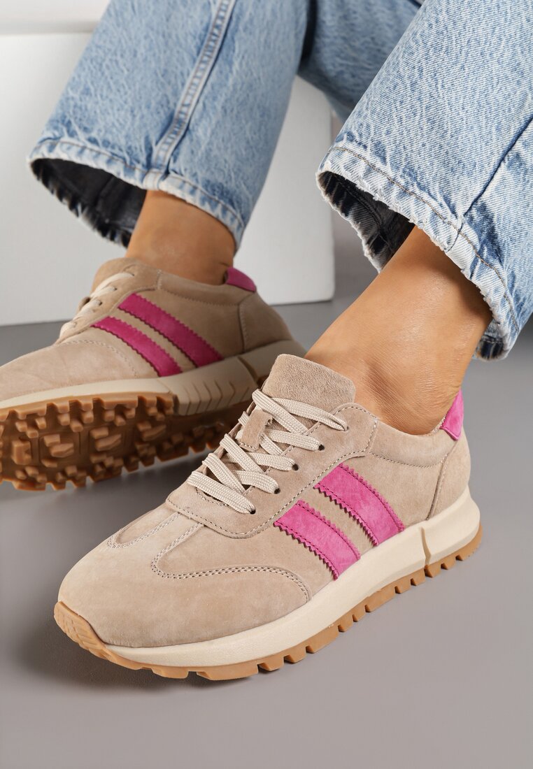 Beżowo-Fuksjowe Skórzane Sneakersy z Ozdobnymi Paskami Felindda