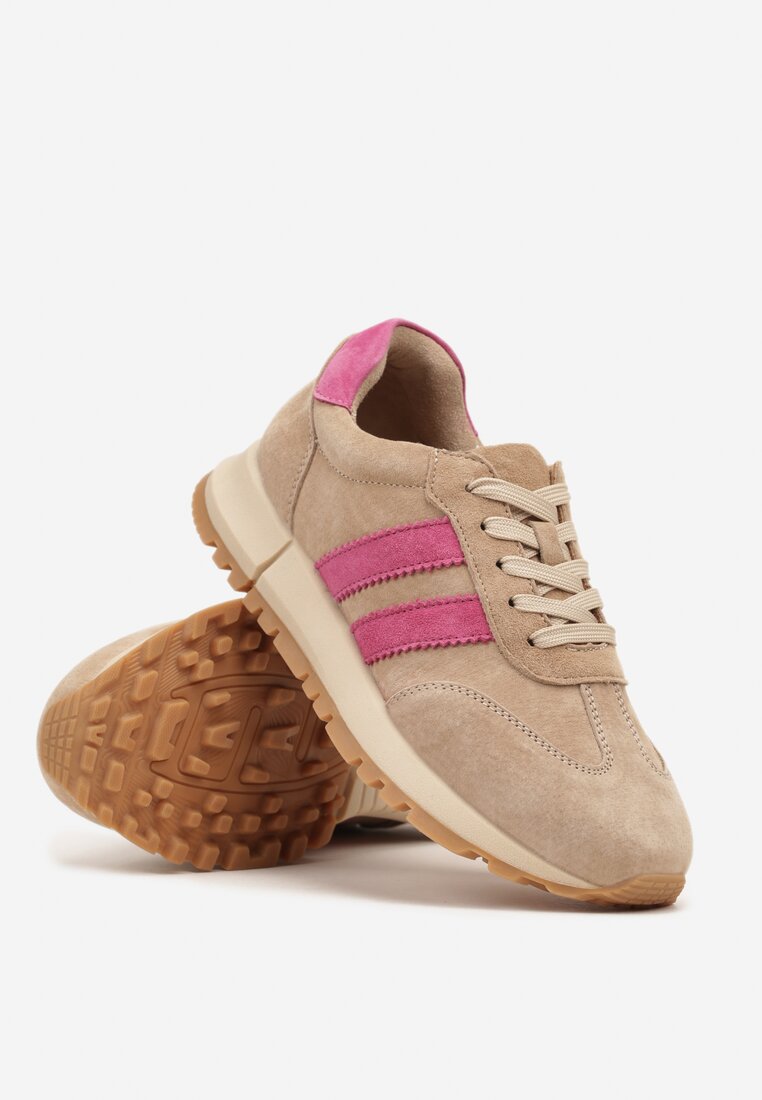 Beżowo-Fuksjowe Skórzane Sneakersy z Ozdobnymi Paskami Felindda