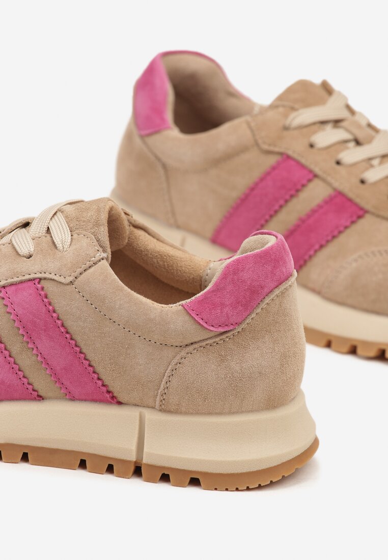 Beżowo-Fuksjowe Skórzane Sneakersy z Ozdobnymi Paskami Felindda