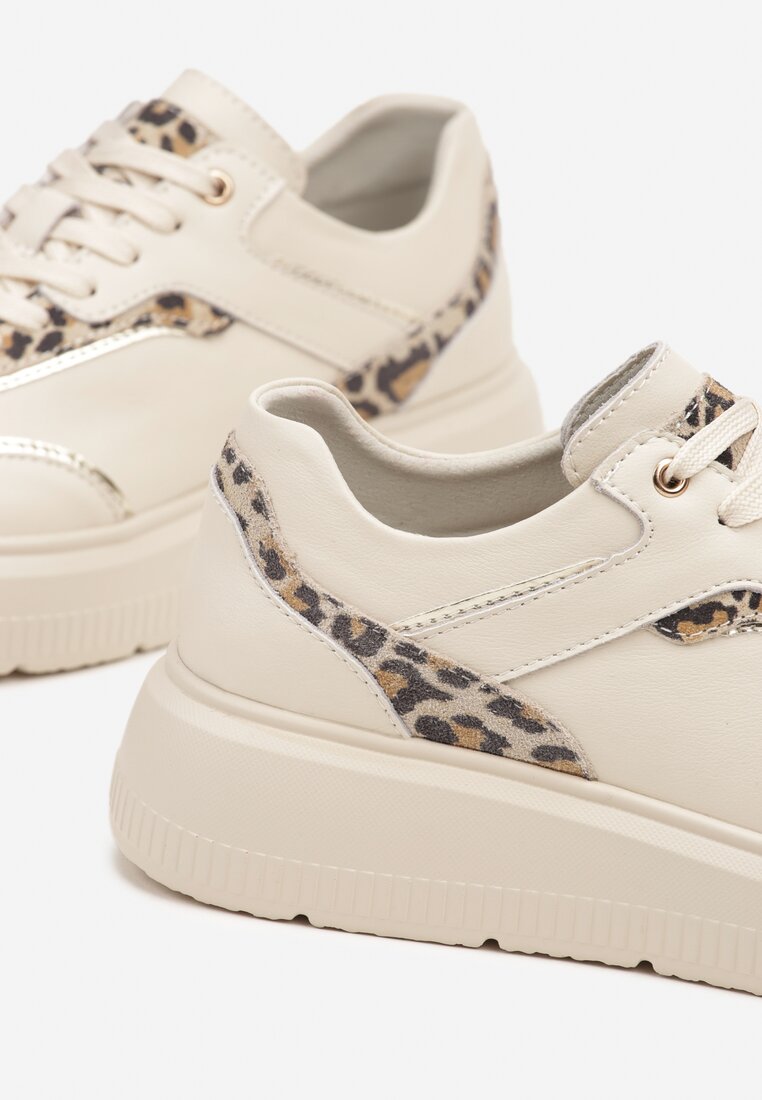 Beżowe Skórzane Sneakersy na Grubej Podeszwie z Metalicznymi Wstawkami Halalina