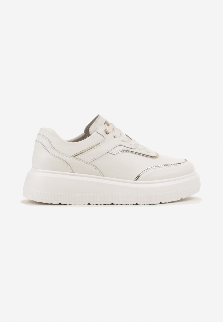 Białe Skórzane Sneakersy na Grubej Podeszwie z Metalicznymi Wstawkami Halalina