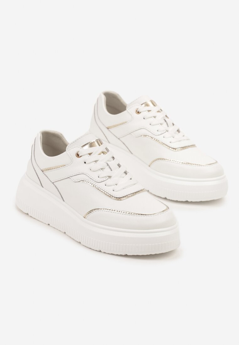 Białe Skórzane Sneakersy na Grubej Podeszwie z Metalicznymi Wstawkami Halalina
