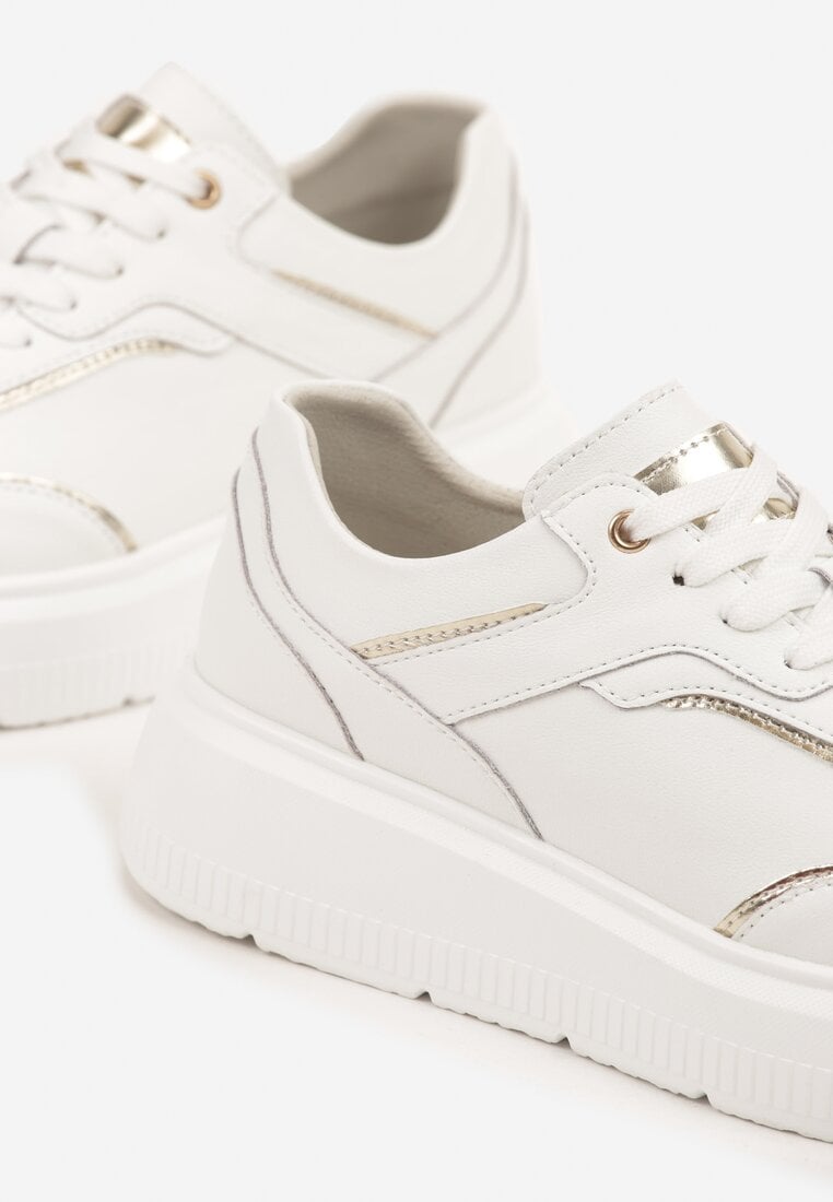 Białe Skórzane Sneakersy na Grubej Podeszwie z Metalicznymi Wstawkami Halalina
